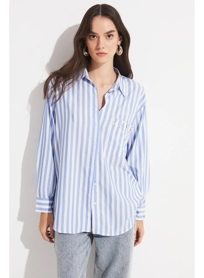 JUNE June Women Exclusive Regular Normal Fit Modal Blend Striped Shirt Blue