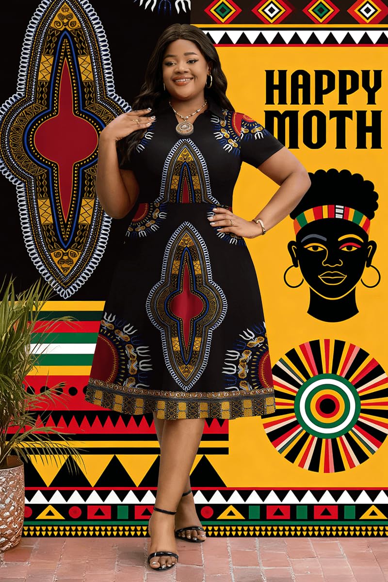 FANDEE Plus Size Casual Dresses - V Neck Summer Ankara African Print Pattern A-Line Midi Dress for Curvy Women, Black 2XL - Image 3