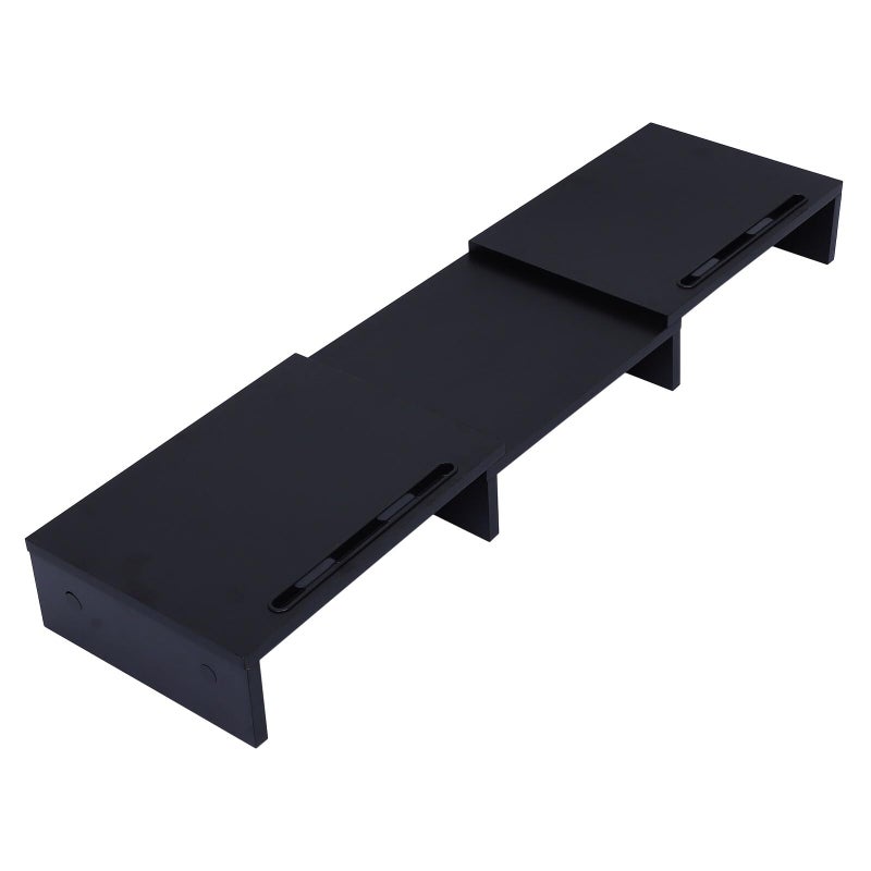 Wooden Monitor Stand Retractable Dual Screen Desk Organizer Black Home Office - Image 2