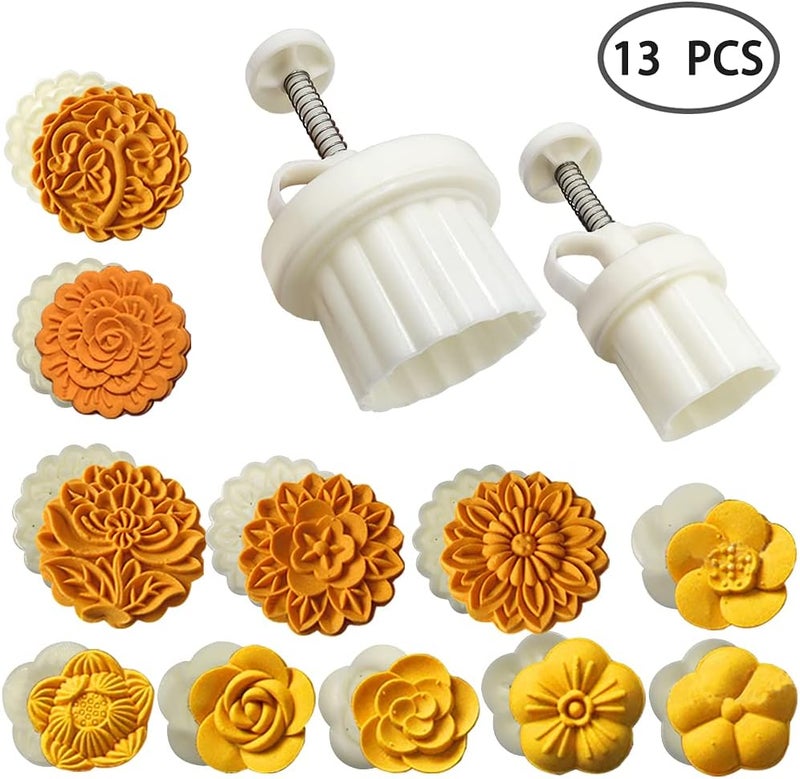 FineGood 2 Set Mooncake Mould Press with 11 Stapms, DIY Cookie Cutter 50g 100g Flower Press Mooncake Mould Hand Pressure Mooncake Baking Tools - Image 3