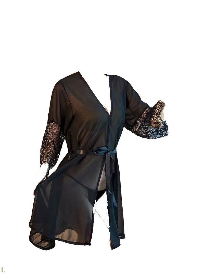 ماركة غير محددة - الخامس الرقبة الدانتيل باس النوم الشيفون مع مجموعة ثونغ - Image 1