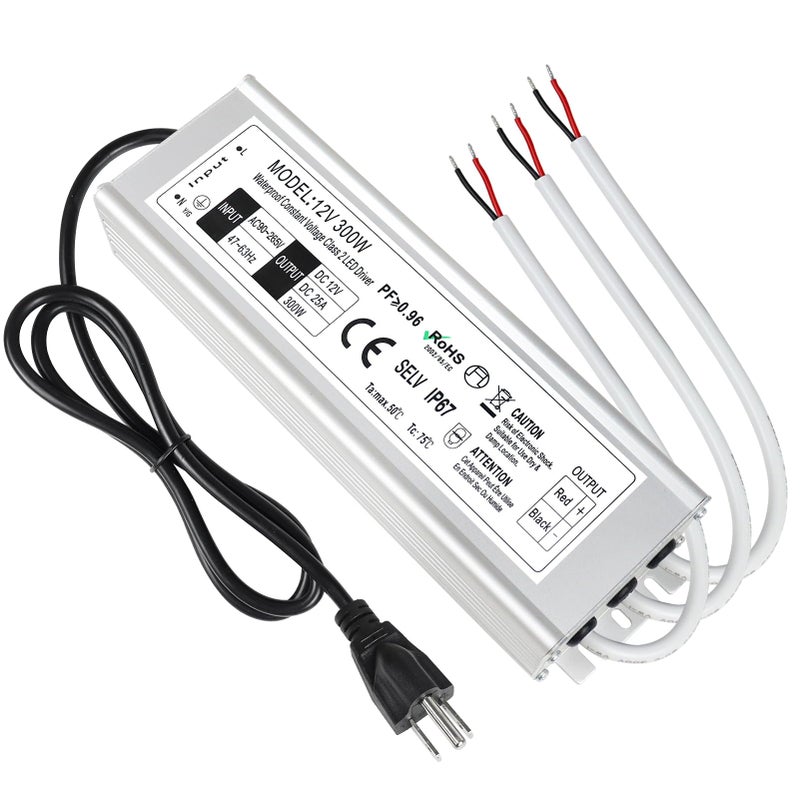 LightingWill LED Driver 300 Watts Waterproof IP67 Power Supply Transformer, 90-265V AC to 12V DC Low Voltage Output, Adapter with 3-Prong Plug 3.3 Feet Cable for Outdoor Use, Computer Project - Image 1