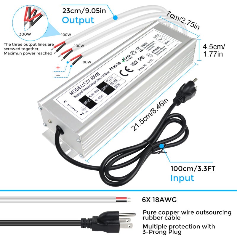 LightingWill LED Driver 300 Watts Waterproof IP67 Power Supply Transformer, 90-265V AC to 12V DC Low Voltage Output, Adapter with 3-Prong Plug 3.3 Feet Cable for Outdoor Use, Computer Project - Image 3