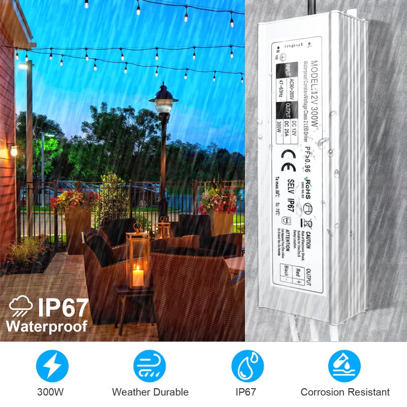 LightingWill LED Driver 300 Watts Waterproof IP67 Power Supply Transformer, 90-265V AC to 12V DC Low Voltage Output, Adapter with 3-Prong Plug 3.3 Feet Cable for Outdoor Use, Computer Project - Image 4