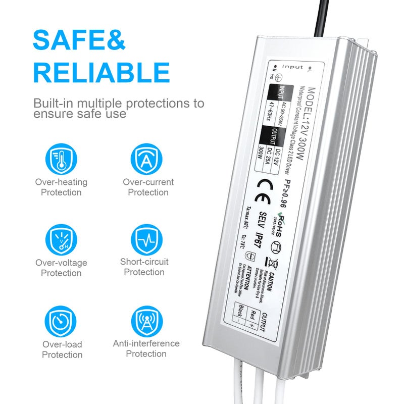 LightingWill LED Driver 300 Watts Waterproof IP67 Power Supply Transformer, 90-265V AC to 12V DC Low Voltage Output, Adapter with 3-Prong Plug 3.3 Feet Cable for Outdoor Use, Computer Project - Image 2