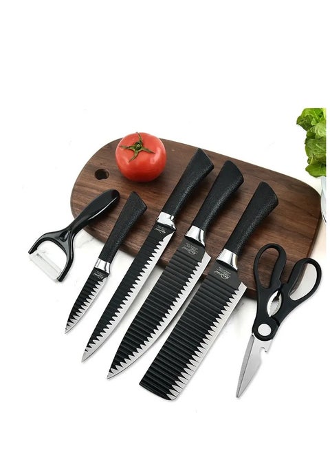 Lightweight Non-Stick Kitchen Knives with Wave Design and Ergonomic Handle Includes Chef Knife, Slicer Knife, Thin Slicer, Paring Knife, Vegetable Peeler and Scissors - 6 Pieces