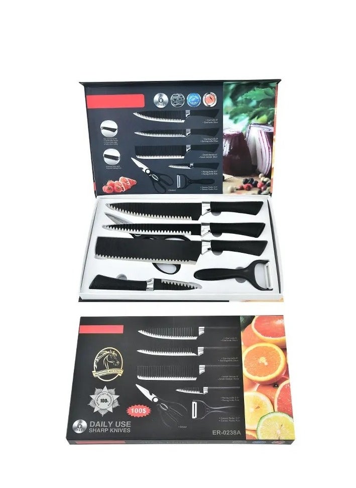 Lightweight Non-Stick Kitchen Knives with Wave Design and Ergonomic Handle Includes Chef Knife, Slicer Knife, Thin Slicer, Paring Knife, Vegetable Peeler and Scissors - 6 Pieces