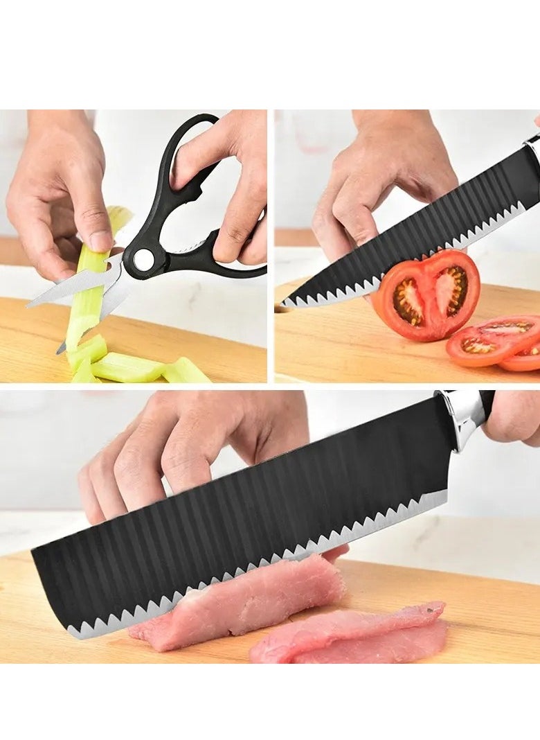 Lightweight Non-Stick Kitchen Knives with Wave Design and Ergonomic Handle Includes Chef Knife, Slicer Knife, Thin Slicer, Paring Knife, Vegetable Peeler and Scissors - 6 Pieces