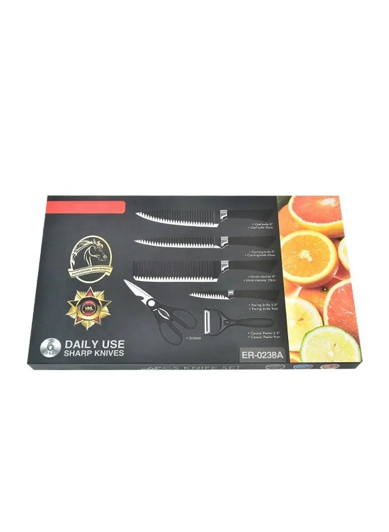 Lightweight Non-Stick Kitchen Knives with Wave Design and Ergonomic Handle Includes Chef Knife, Slicer Knife, Thin Slicer, Paring Knife, Vegetable Peeler and Scissors - 6 Pieces