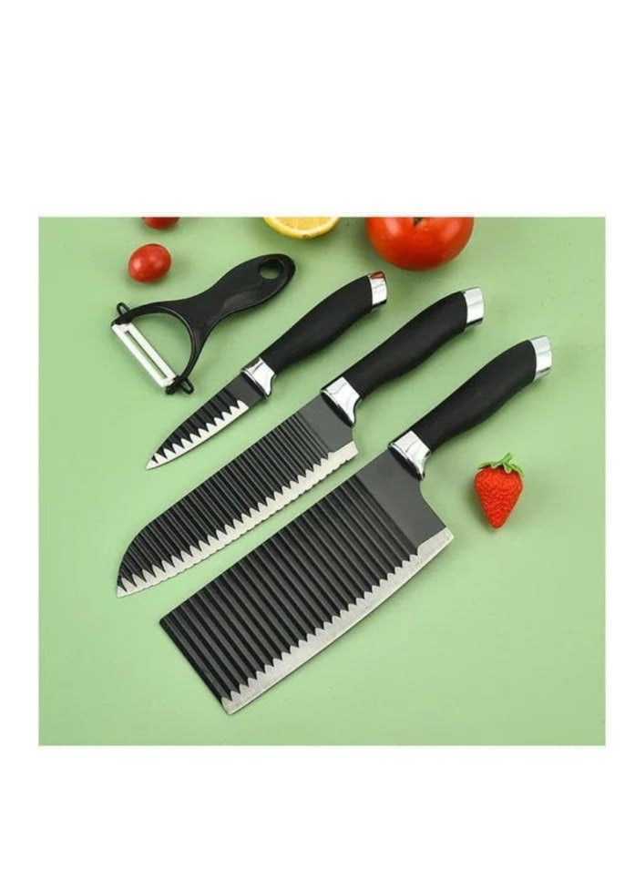 Lightweight Non-Stick Kitchen Knives with Wave Design and Ergonomic Handle Includes Chef Knife, Slicer Knife, Thin Slicer, Paring Knife, Vegetable Peeler and Scissors - 6 Pieces
