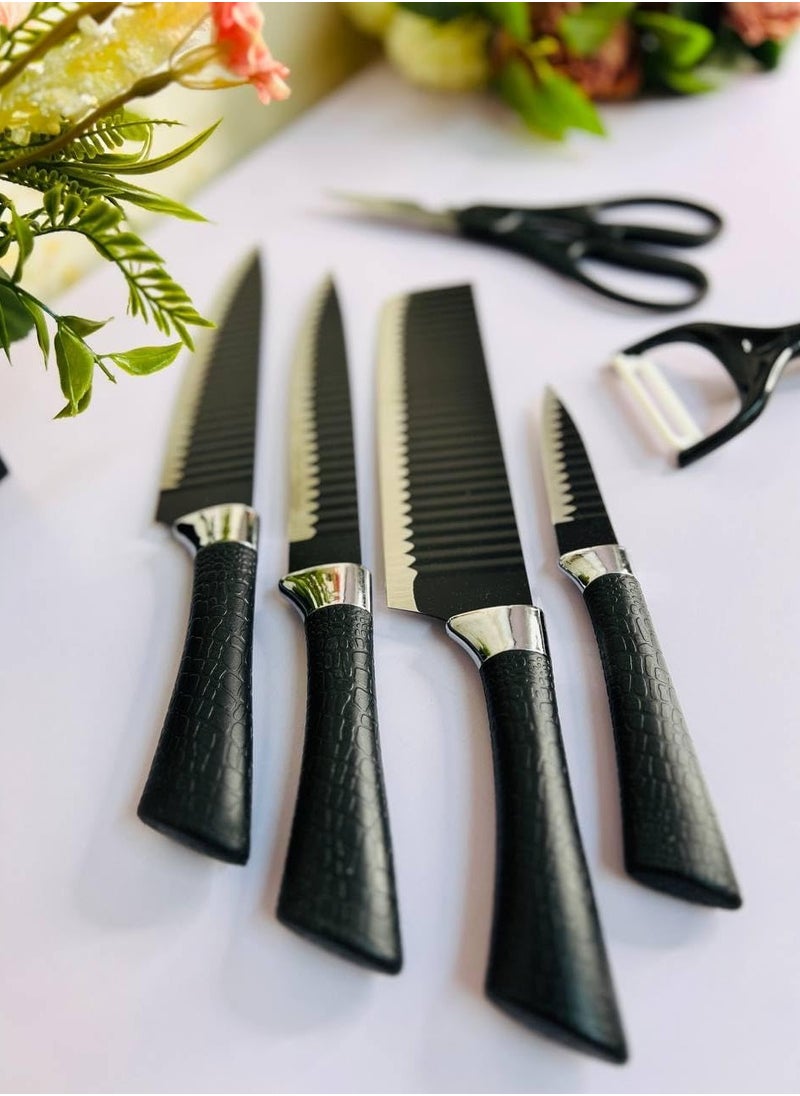 Lightweight Non-Stick Kitchen Knives with Wave Design and Ergonomic Handle Includes Chef Knife, Slicer Knife, Thin Slicer, Paring Knife, Vegetable Peeler and Scissors - 6 Pieces