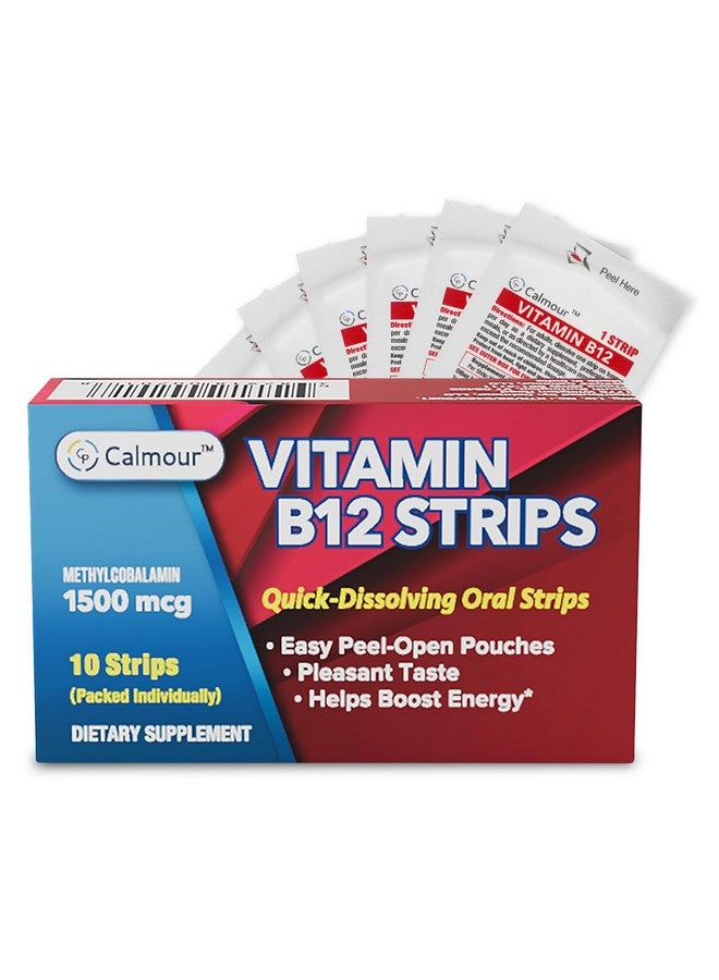 CALMOUR Vitamin B12 Strips 10 Pack | Easy Oral Dissolvable Mint Flavored Strips | 1500 mcg Strips | VIT B12 Dissolve Under Tongue | Methylcobalamin B-12 Vitamin Formula | Vegan Friendly & Gluten Free - Image 1