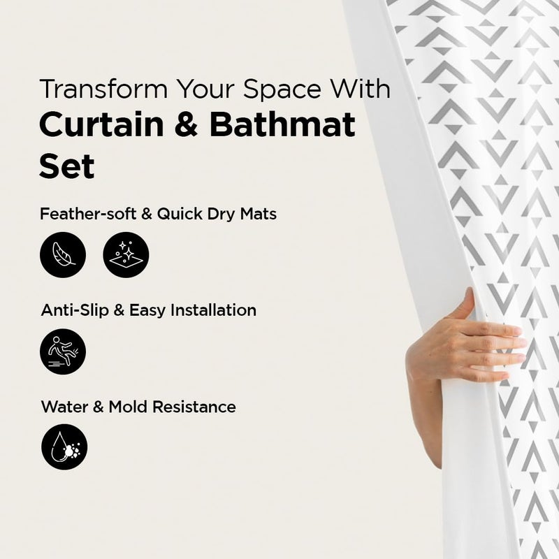 Umai UMAI Shower Curtain (180X180 cm) & Bathmat 3 Pcs Set|6ft|Creative Vibrant Coloured Polyster Curtain Sets with Non-Slip Bath mats for Bathroom|Easy-Slide Curtains|Quick Dry,Soft Mats  - Image 2