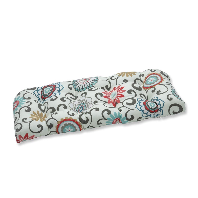Pillow Perfect Floral IndoorOutdoor Wicker Sofa Setee Swing Cushion Tufted Weather and Fade Resistant 19 x 44 BlueBrown Pom Pom Play
