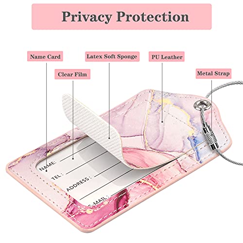 Coco Rossi (Set of 2) Luggage Tag for Suitcases Leather Privacy Cover ID Label with Stainless Steel Loop, Travel Bag Tags Suitcase Labels, Watercolor Pink - Image 2