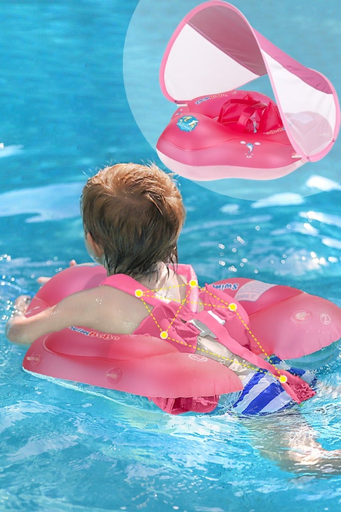 سويمبوبو عوامة سباحة قابلة للنفخ للأطفال مع غطاء للحماية من الشمس، عوامة سباحة لمدرب السباحة للأطفال (حلقة سباحة وردية) - Image 1