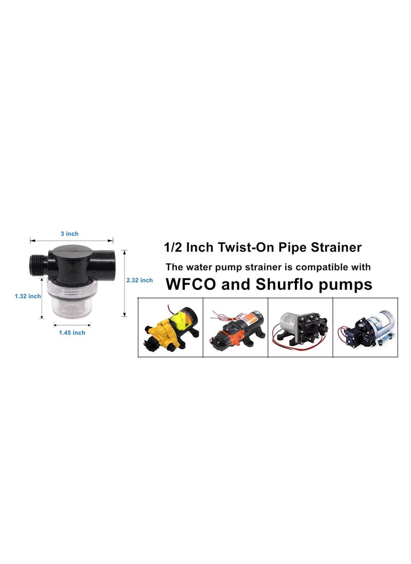 SYOSI - 2 Pcs Twist-On Pipe Water Pump Strainer, RV Water Pump Filter Compatible With Shurflo Or Wfco,1/2 Inch Npsm Inlet/Outlet With 80 Mesh Stainless Steel Filter Screen For RV Marine Replacement - Image 1