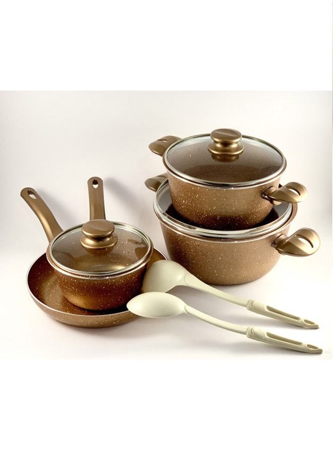 Homemaker - 9-Piece Granite Vega Cookware Set - Glass Lids - 2 Deep Pots - 1 Sauce Pan - 1 Frypan - 1 Spoon - 1 Scoop -  Non-Stick Surface - PFOA Free -  Brown - Image 1
