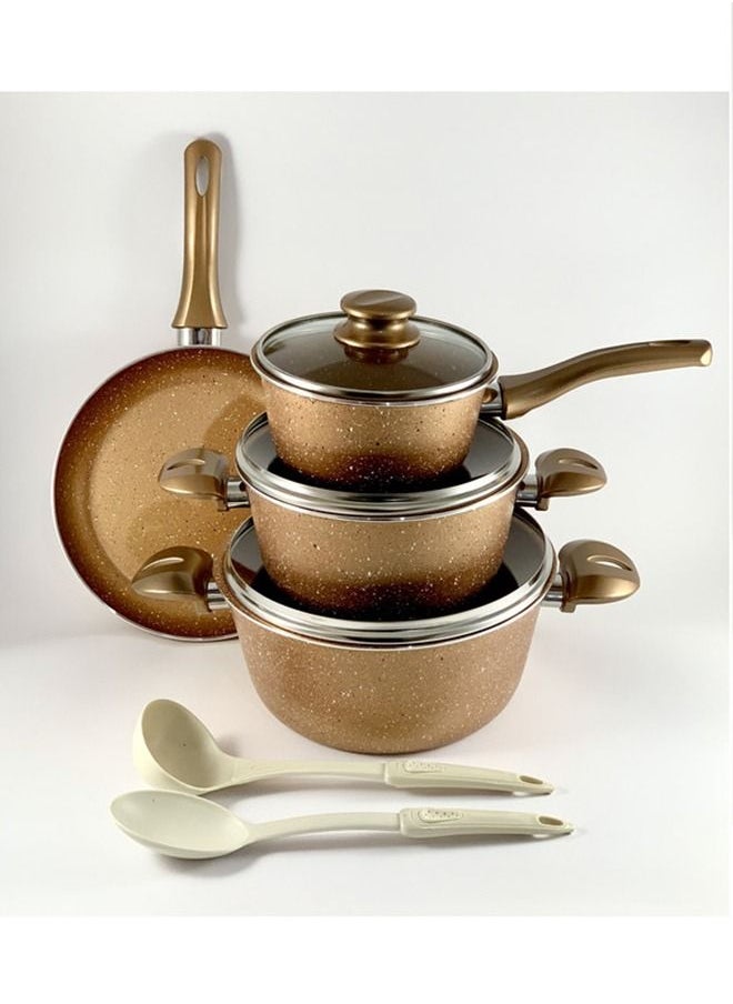 Homemaker - 9-Piece Granite Vega Cookware Set - Glass Lids - 2 Deep Pots - 1 Sauce Pan - 1 Frypan - 1 Spoon - 1 Scoop -  Non-Stick Surface - PFOA Free -  Brown - Image 1