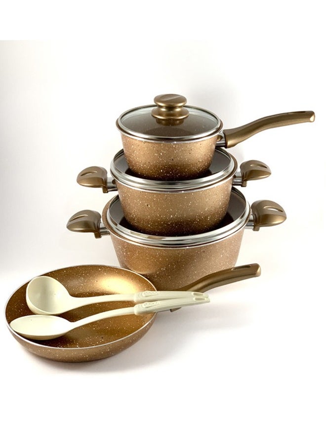 Homemaker - 9-Piece Granite Vega Cookware Set - Glass Lids - 2 Deep Pots - 1 Sauce Pan - 1 Frypan - 1 Spoon - 1 Scoop -  Non-Stick Surface - PFOA Free -  Brown - Image 1
