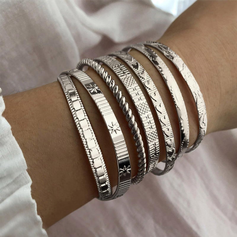 IFKM Silver Bangles Bracelets For Women, Silver Plated Multi Layer Stackable Cuff Bracelet Set, Trendy Elegance Charms Non Tarnish Minimalist Textured Boho Jewelry Gift for Women - Image 2