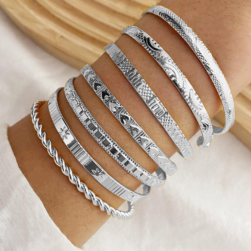 IFKM Silver Bangles Bracelets For Women, Silver Plated Multi Layer Stackable Cuff Bracelet Set, Trendy Elegance Charms Non Tarnish Minimalist Textured Boho Jewelry Gift for Women - Image 3