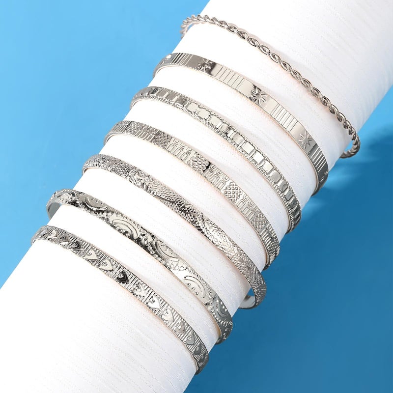 IFKM Silver Bangles Bracelets For Women, Silver Plated Multi Layer Stackable Cuff Bracelet Set, Trendy Elegance Charms Non Tarnish Minimalist Textured Boho Jewelry Gift for Women - Image 4