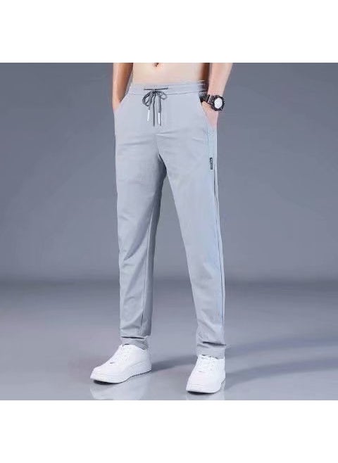 Generic Ice Silk Mens Summer Sporty Casual Pants Ultra-Thin Quick-Drying Straight Leg Elastic Long Trousers Breathable Lightweight Light gray  - Image 1