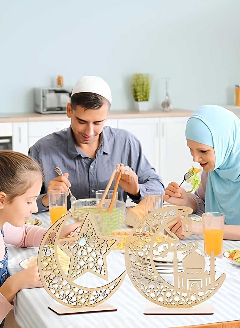 طقم من قطعتين من زينة عيد مبارك الخشبية رمضان كريم زينة مجوفة قمر نجمة معلقة قلادة عيد سعيد ديكور طاولة خشبي للمنزل رمضان مبارك زينة العيد - Image 2