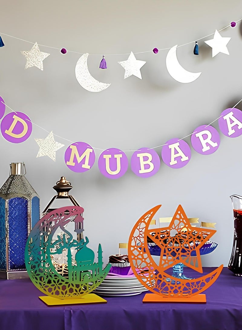 طقم من قطعتين من زينة عيد مبارك الخشبية رمضان كريم زينة مجوفة قمر نجمة معلقة قلادة عيد سعيد ديكور طاولة خشبي للمنزل رمضان مبارك زينة العيد - Image 5