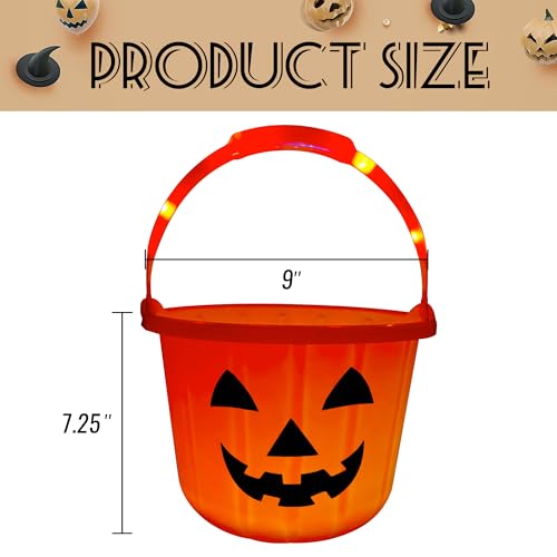 GIFTEXPRESS Light Up Halloween Pumpkin Bucket - Plastic Jack O Lantern w/Glow in The Dark Handles & 3 LED Lights - Trick Or Treat Candy Basket & Cauldron Decoration Pail for Kids - Image 3