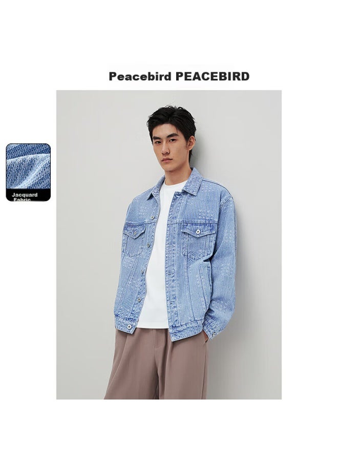 Peacebird Men's Textured Denim Jacquard Autumn Loose Casual Jacket Blue M