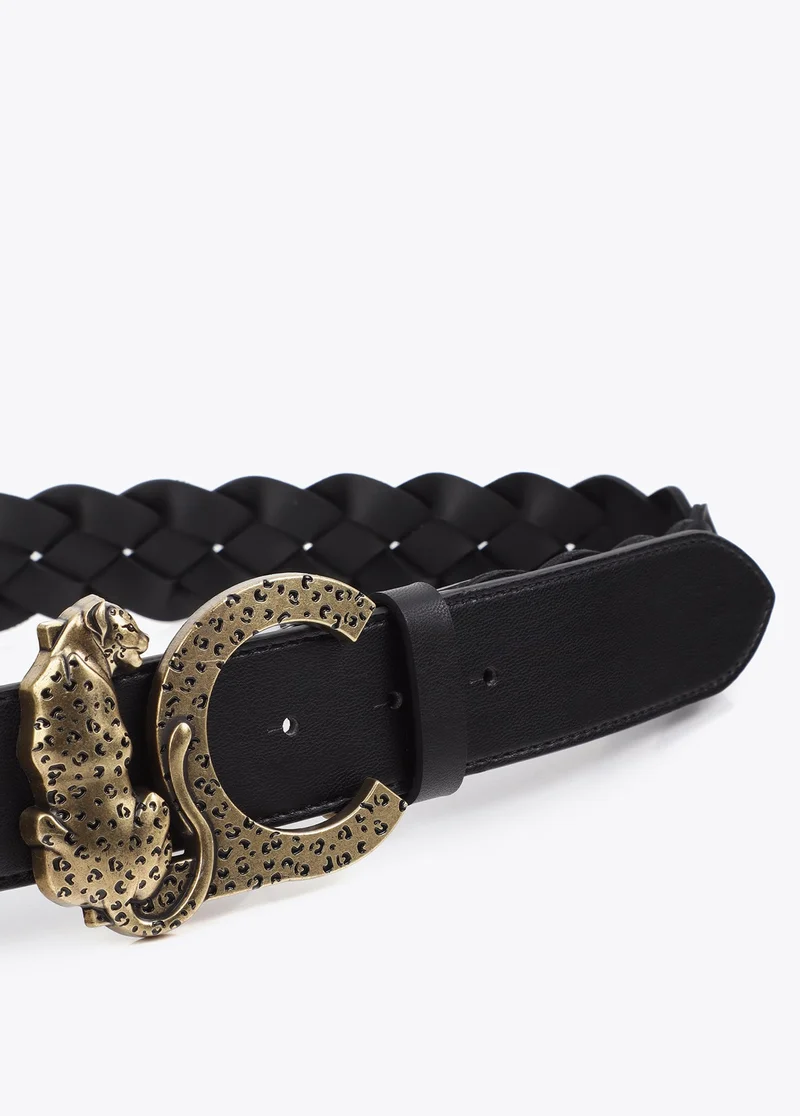 Lola Casademunt Reversible Braided Faux Leather Belt with Animal Logo Buckle