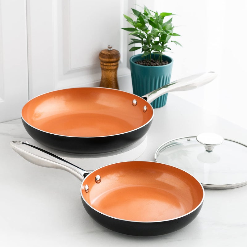 MICHELANGELO Copper Frying Pan Set with Lid, 8" & 10" Nonstick Skillets with Lids, Non Stick Frying Pans Set, Ceramic Non Toxic Fry Pans, Induction Compatible - Image 2