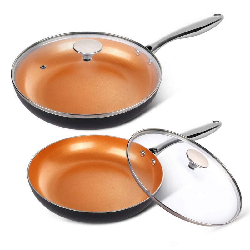 MICHELANGELO Copper Frying Pan Set with Lid, 8" & 10" Nonstick Skillets with Lids, Non Stick Frying Pans Set, Ceramic Non Toxic Fry Pans, Induction Compatible - Image 1
