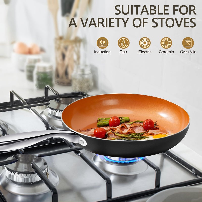 MICHELANGELO Copper Frying Pan Set with Lid, 8" & 10" Nonstick Skillets with Lids, Non Stick Frying Pans Set, Ceramic Non Toxic Fry Pans, Induction Compatible - Image 4