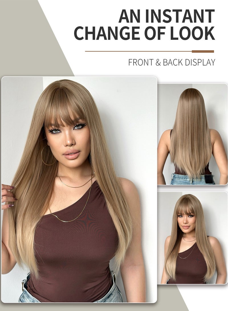 باروكة صناعية أنيقة من الكتان للنساء - طول 66.04 سم، مستقيمة، عصابة رأس متعددة الطبقات مع غرة، كثافة عالية (150%)، مقاومة للحرارة، مناسبة للارتداء اليومي وأنيقة. - Image 1