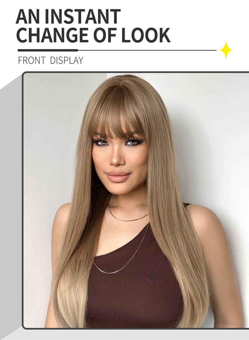باروكة صناعية أنيقة من الكتان للنساء - طول 66.04 سم، مستقيمة، عصابة رأس متعددة الطبقات مع غرة، كثافة عالية (150%)، مقاومة للحرارة، مناسبة للارتداء اليومي وأنيقة. - Image 5