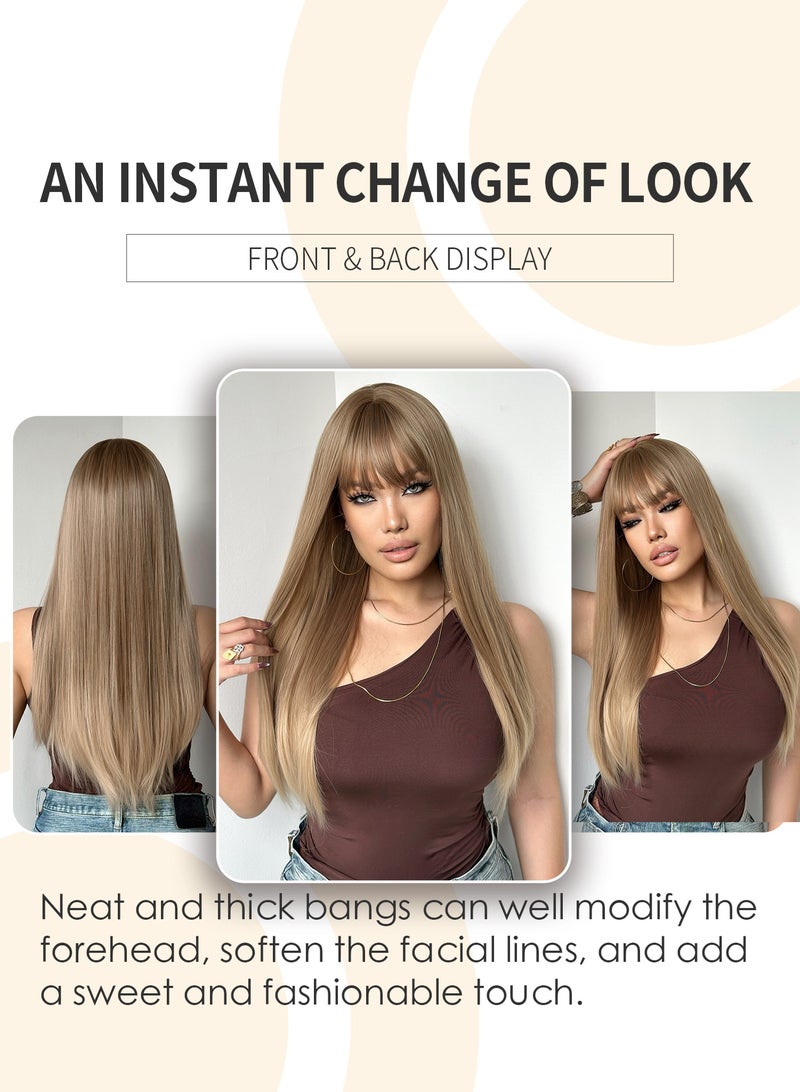 باروكة صناعية أنيقة من الكتان للنساء - طول 66.04 سم، مستقيمة، عصابة رأس متعددة الطبقات مع غرة، كثافة عالية (150%)، مقاومة للحرارة، مناسبة للارتداء اليومي وأنيقة. - Image 4