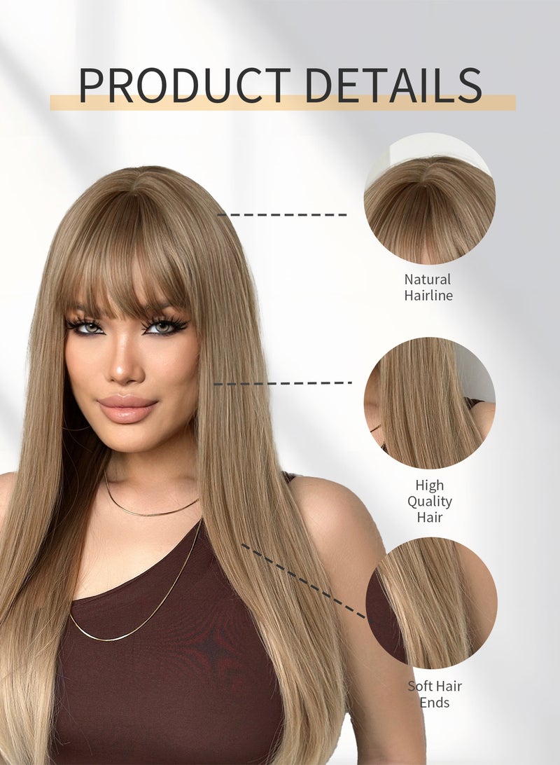 باروكة صناعية أنيقة من الكتان للنساء - طول 66.04 سم، مستقيمة، عصابة رأس متعددة الطبقات مع غرة، كثافة عالية (150%)، مقاومة للحرارة، مناسبة للارتداء اليومي وأنيقة. - Image 2