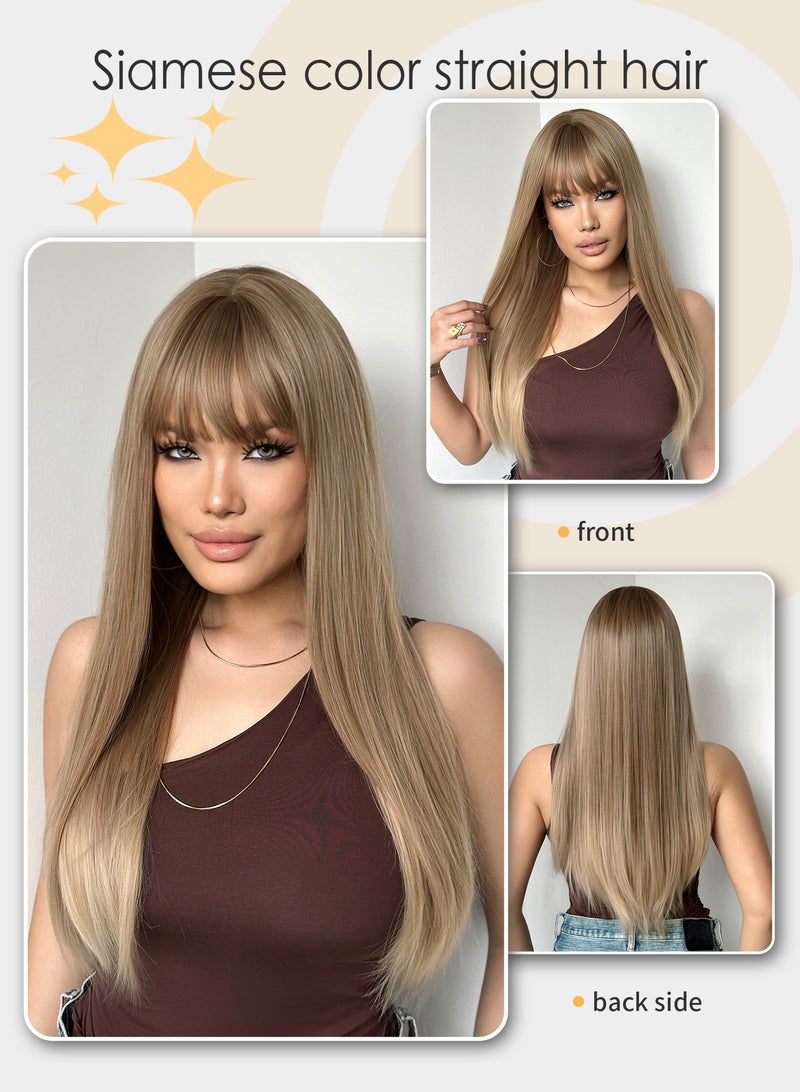 باروكة صناعية أنيقة من الكتان للنساء - طول 66.04 سم، مستقيمة، عصابة رأس متعددة الطبقات مع غرة، كثافة عالية (150%)، مقاومة للحرارة، مناسبة للارتداء اليومي وأنيقة. - Image 3