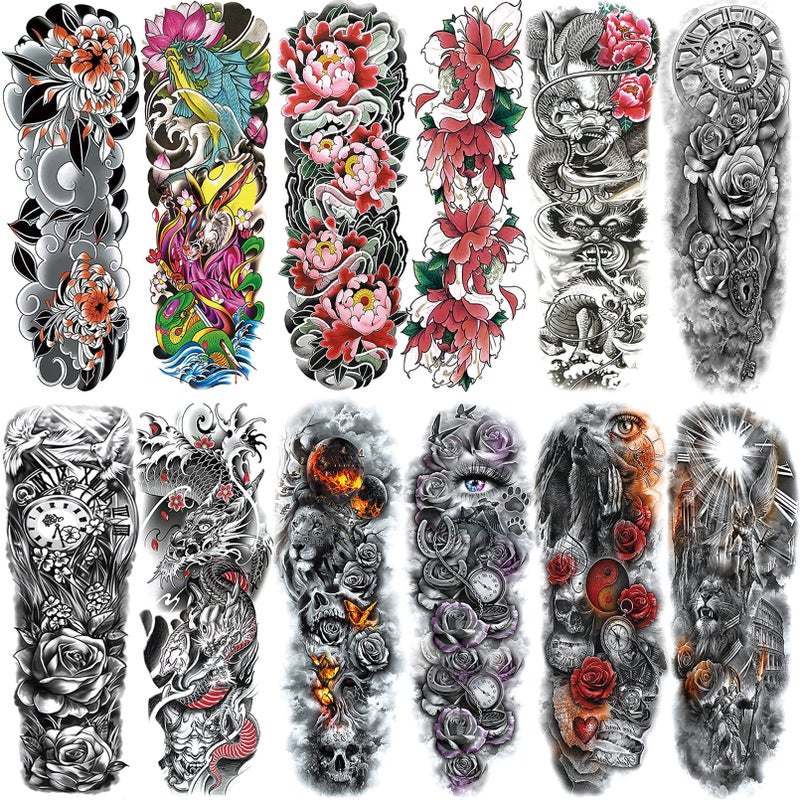 ChurlChurl Temporary Tattoos Sleeves 12 Sheets L19xW7 Full arm temporary tattoos Sleeve Tattoos for Men and Women Adult