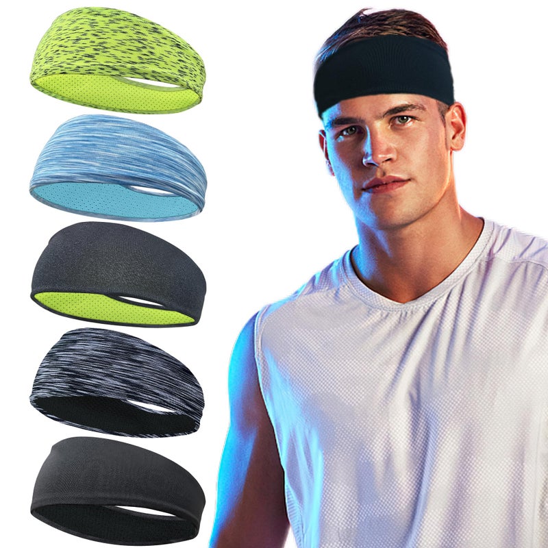 CellElection 5 Pack Sports Headband for Men, Thin Breathable Design, Reused & Washed Mens Headband Sweat Bands for Running Yoga Football Fitness Workout - Image 1