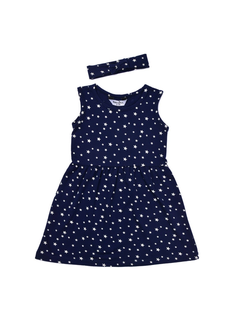 Blue stars printed dress with head band.
