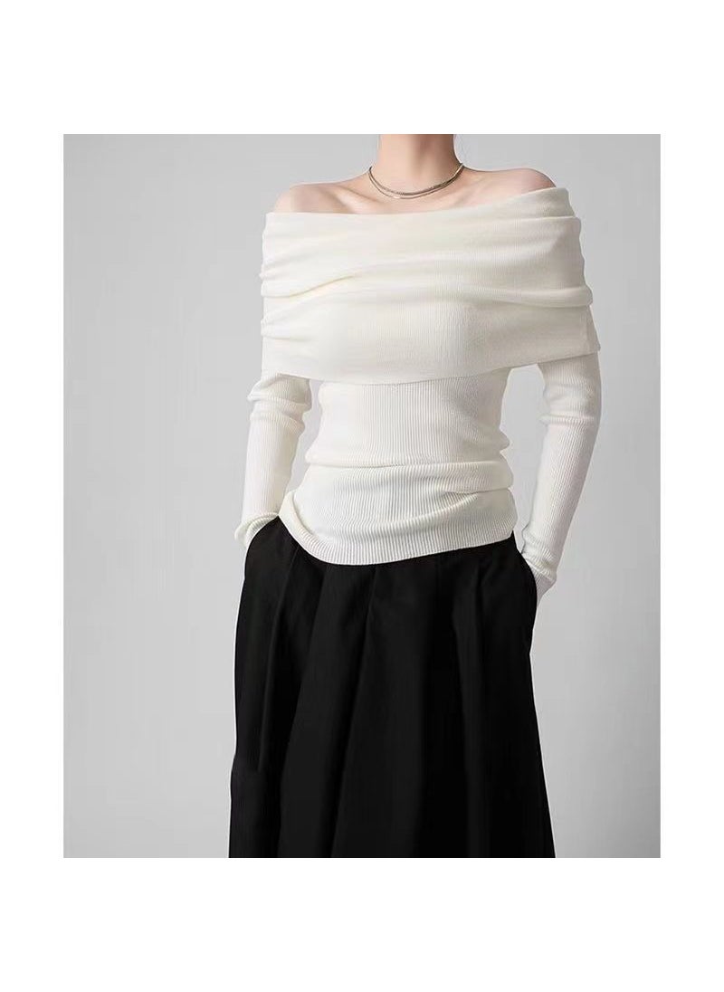 Generic - Pink Off-Shoulder Knit Top Slim Autumn Tee Apricot - Image 1