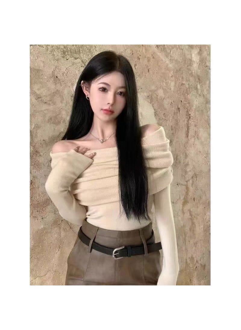 Generic - Pink Off-Shoulder Knit Top Slim Autumn Tee Apricot - Image 1