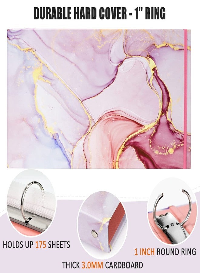 tutata Legal-Size Pink Marble Binder for 8.5 x 14 Sleeve and Paper, 3-Ring 1-Inch Landscape Spreadsheet Binder with Elastic Cord, Ring Spacing 2.76in - Image 3