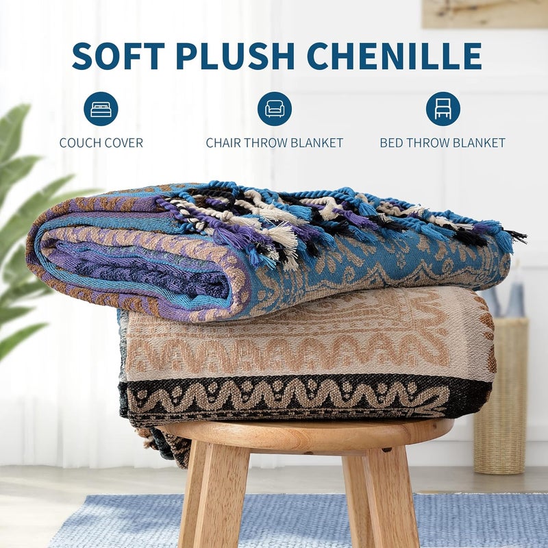 Edcooy Boho Chair Cover Colorful Chenille Tassels Hippie Throw Blanket for Couch Bed Sofa Recliner Loveseat, Blanket for Bohemian Living Room Decor (Purple-150x200cm). - Image 4