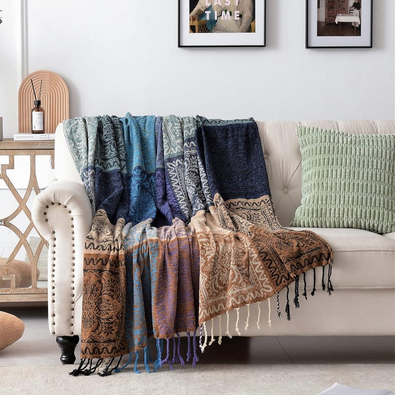 Edcooy Boho Chair Cover Colorful Chenille Tassels Hippie Throw Blanket for Couch Bed Sofa Recliner Loveseat, Blanket for Bohemian Living Room Decor (Purple-150x200cm). - Image 1