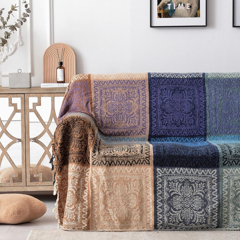 Edcooy Boho Chair Cover Colorful Chenille Tassels Hippie Throw Blanket for Couch Bed Sofa Recliner Loveseat, Blanket for Bohemian Living Room Decor (Purple-150x200cm). - Image 3